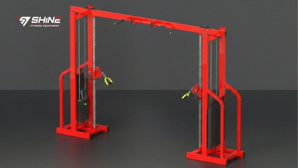 Cable cross over machine inspected for build quality, pulley system, and stability in a commercial gym setup