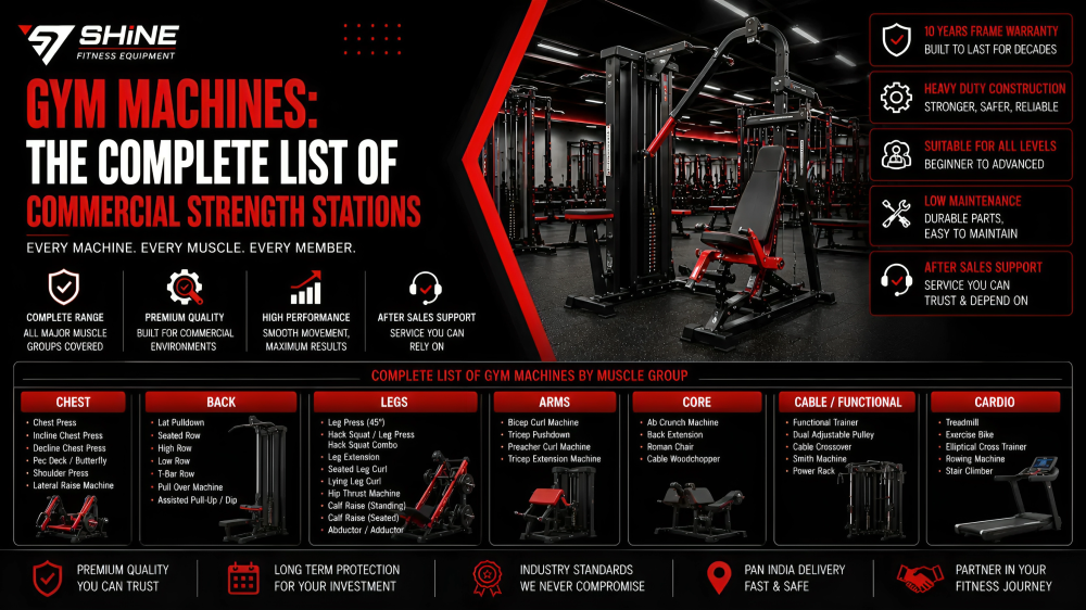 Commercial gym machines and strength training stations for different muscle groups