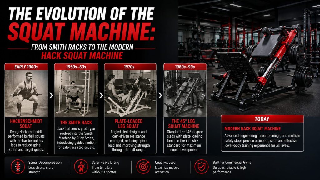 Modern hack squat and leg squat machine for commercial gyms