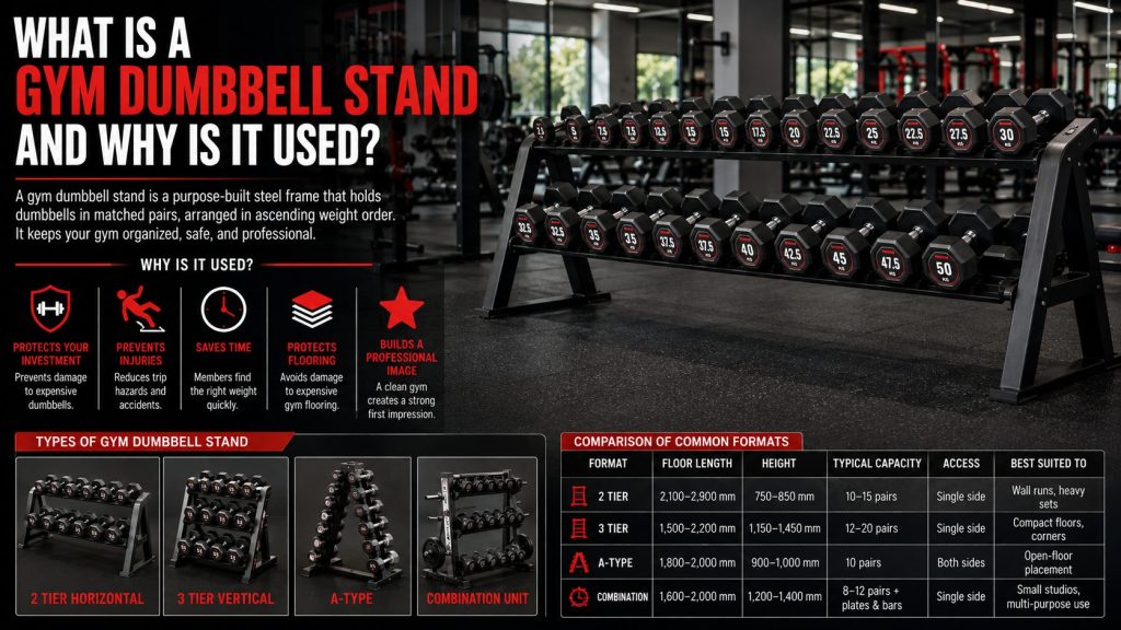 Three tier gym dumbbell stand in a commercial gym
