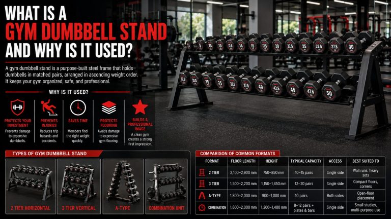 Three tier gym dumbbell stand in a commercial gym