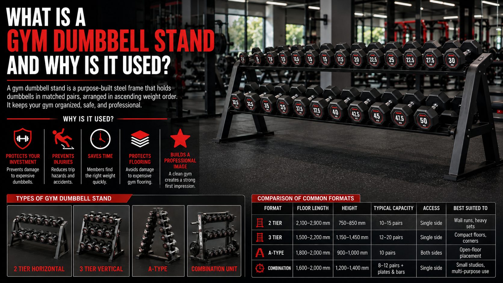 Three tier gym dumbbell stand in a commercial gym
