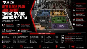Commercial gym floor plan layout showing equipment zones and traffic flow