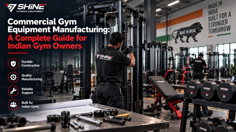 Commercial gym equipment manufacturing in India featuring Shine Fitness machines, quality construction, reliable support, and equipment designed for Indian gyms.