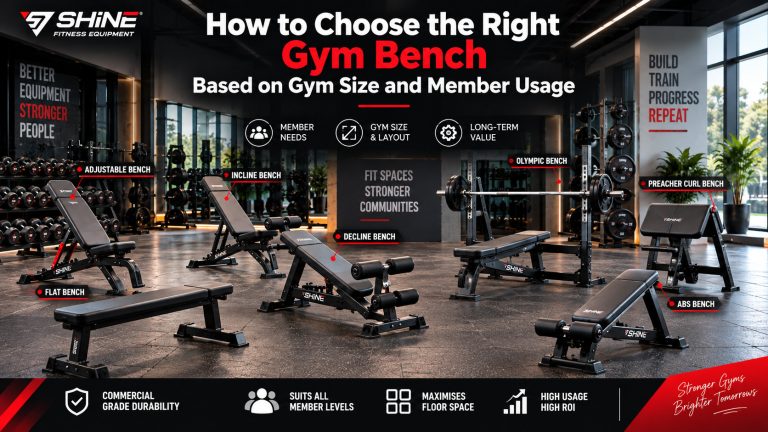 Shine Fitness gym bench featuring flat, adjustable, incline, decline, Olympic, preacher curl, and ABS benches for different gym sizes and member needs.